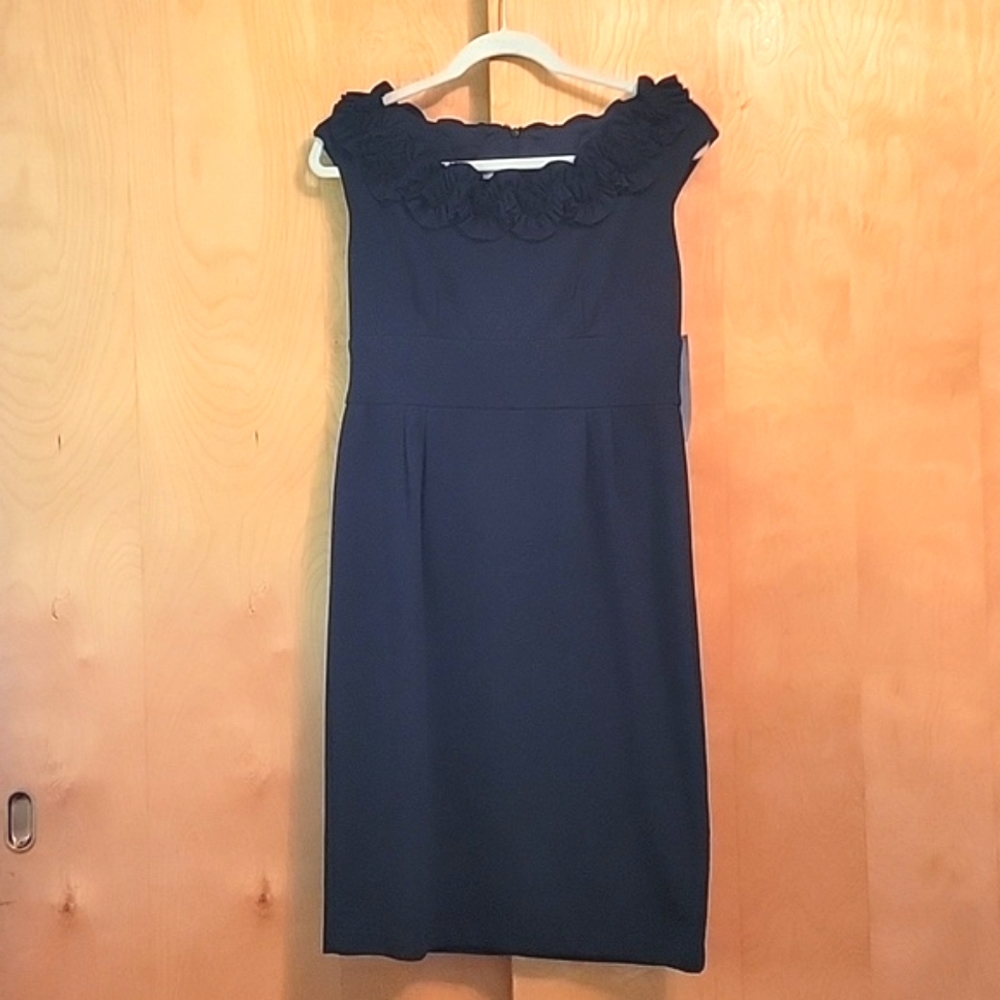 London Times Black Ruffle Neck Sheath Dress